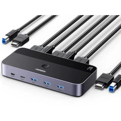 Bild av UGREEN HDMI 2.0 KVM Switch 4K@60Hz USB 3.0 4 portar (3*USB 3.0+ C) Dela 1 bildskärm och Tangentbord, Mus, Skrivare, U disk för 2 PC med Kablar Kablar.