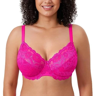 Bild av Delimira Dam full täckning icke skum blommig spets plus size bygel bh, Glitter rosa, 90C