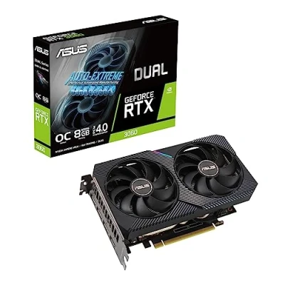 Bild av ASUS Dual NVIDIA GeForce RTX 3060 OC Edition spelgrafikkort (PCIe 4.0, 8 GB GDDR6 minne, HDMI 2.1, DisplayPort 1.4a, 2 slot design, axial tech fläktdesign, 0dB teknik och mer)