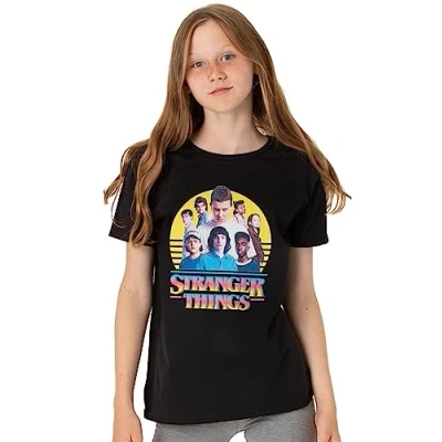 Bild av Stranger Things barn flickor pojkar karaktärer logotyp T shirt, svart, 11 12 år