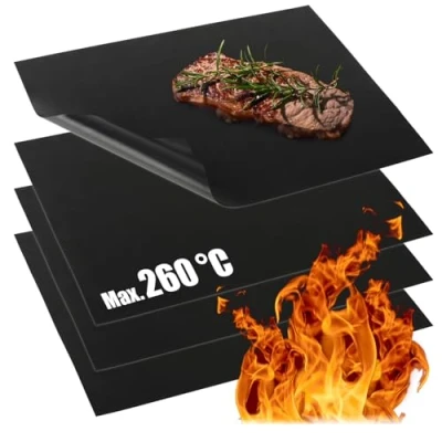 Bild av COM FOUR® 4x BBQ grillmatta gjord av teflon värmebeständig bakmatta non stick grillfolie grill och återanvändbar, tillskuren, tål diskmaskin (4 stycken svart)