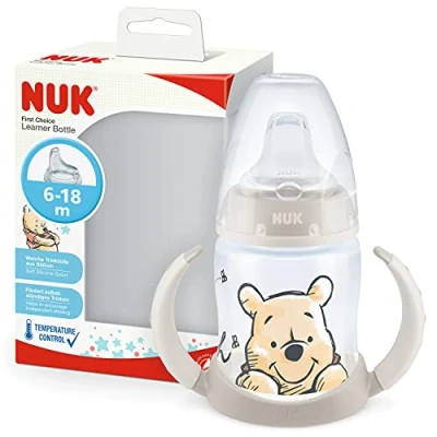 Bild av NUK First Choice Learner Cup Sippy 6 18 månader temperaturkontroll läckagesäker silikonpip anti kolikventil BPA fri 150 ml Disney Nalle Puh (beige)