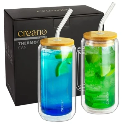 Bild av Creano dubbelväggiga dricksglas med bambulock och sugrör 360 ml Smoothie mugg Bubble Tea cocktailglas set om 2