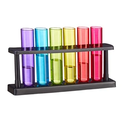 Bild av Relaxdays Set med 18 provrör shotglas, roliga shotglas stativ, 4 cl, teströr för shots, plast, färgglada