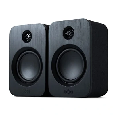 Bild av House of Marley Get Together Duo Bluetooth Bookshelf Speakers, Hållbart tillverkade, trådlösa skivspelarhögtalare, nätaggregat eller 25 timmars batteritid, AUX In, Amazon Exclusive Black Edition