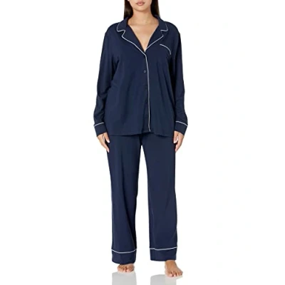 Bild av Amazon Essentials dam bomull modal långärmad skjorta och full längd botten pyjamas set (finns i plusstorlek), marinblå, medium