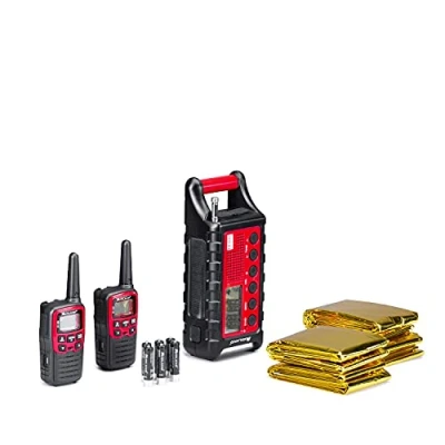 Bild av Midland EK35 Nödkit överlevnadssats för vandrare med 2 PMR446 XT30 walkie talkie sändtagare, set uppladdningsbara AAA batterier, ER300 nödströmbank, anslutningskablar, 4 termiska filtar