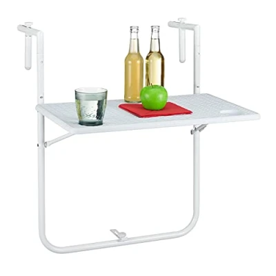 Bild av Relaxdays Hängande bord för balkong, hopfällbart, 3 vägs höjdjusterbar, bordsskiva i rottinglook, B x D: 59,5 36 cm, vit