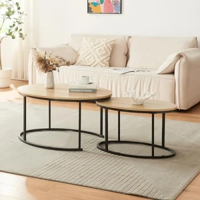 Bild av [en.casa] Sattbord, Nederländerna, uppsättning om 2, soffbord, sidobord, 2 storlekar, stapelbart, ovalt vardagsrumsbord, tebord med metallram, kaffebord, svart/ek