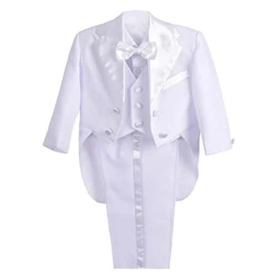 Bild av Lito Angels Bebisar Pojkar Smoking Formell Kostym Bröllop Pageboy Dop Outfit, 5 Stycken Set (Blazer, Skjorta, Väst, Byxor, Fluga) Ålder 6 månader, Vit
