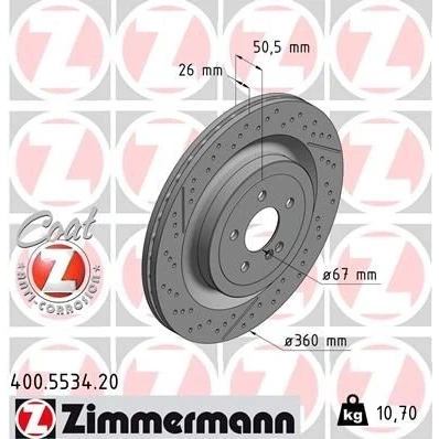 Bild av ZIMMERMANN 400.5534.20 Disque de frein 360 26 6/5 5 112 ventilé l&#039;intérieur, fendu/perforé revêtu MERCEDES BENZ: Classe C Berline, Break