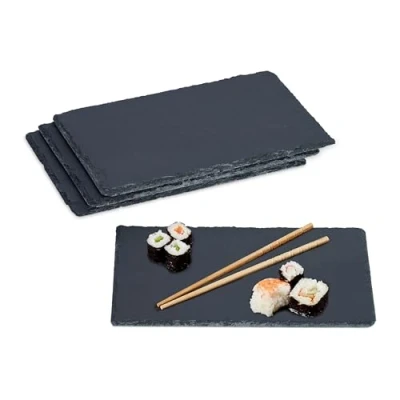 Bild av Relaxdays Skifferplatta, set om 4, rektangulära serveringstallrikar, 26 x 16 cm, för ost, sushi, desserter, buffé, antracit