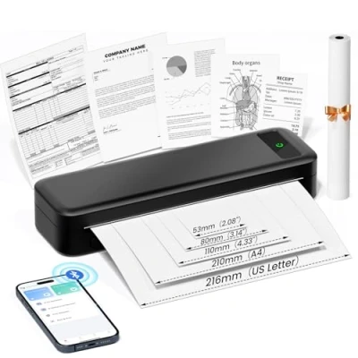 Bild av Bärbar termoskrivare A4 Inkless Wireless Bluetooth 300Dpi Kompatibel med iOS, Android &amp; PC, 2600 mAh liten skrivare för 216/210/110/80/53 mm termopapper, resor, kontor, skola, hem, bil
