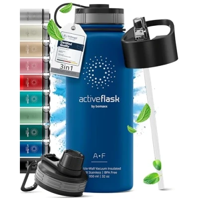 Bild av Vattenflaska i Rostfritt Stål, Isolerad ACTIVE FLASK + 3 Drycker Lock och Sugrör, Läckagesäker &amp; BPA fri Vakuumisolerade 12h Varm/24h Kall Termos Dricksflaska Thermoflaska Sport Camping Gym