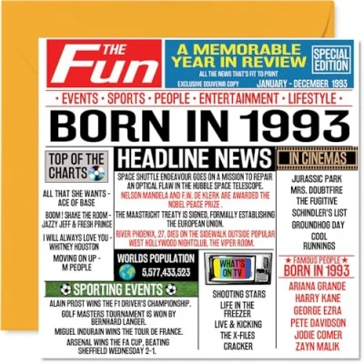 Bild av 31:a födelsedagskort för män kvinnor född 1993 tidning Happy 31 bror syster vänner vintage retro tillbaka 1993, 145 mm x trettioett trettioförsta födelsedagen