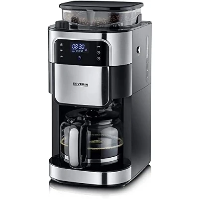 Bild av SEVERIN kaffebryggare med kvarn, glaskanna och timerfunktion, även som filterkaffebryggare, för upp till 10 koppar kaffe, 1000 W, svart/rostfritt stål, KA 483