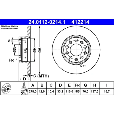 Bild av ATE 24.0112 0214.1 Disque de frein 278,0 12,0 5 110,0 plein revêtu avec vis/boulons JEEP: Cherokee V