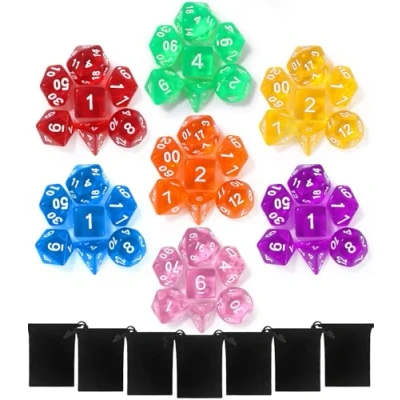 Bild av TIDEVAN 49 Delar Polyhedral Spel Tärning Set Bordsspel Tärningar med 7 stycken Svart Påse för Fängelsehålor och Drakar DND RPG MTG D20 D12 D10 D8 D6 D4 Stycke Set(Transparent)