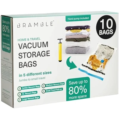 Bild av Bramble 20 Pack Kraftiga Vakuumförvaringspåsar Med Pump 80% Mer Utrymme Dubbel Dragkedja för Täcken, Kläder, Filtar, Sängkläder, Kuddar, Madrasser, Täcken (2 XL Jumbo/5 Large/8 Small)