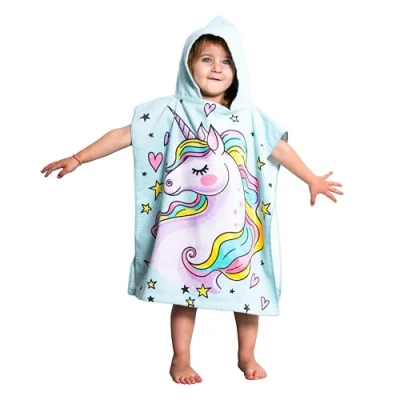 Bild av Theonoi Barnponcho badponcho huvhandduk/badrock handduk duschhandduk strandhandduk badhandduk med huva för pojkar och flickor 100 % bomull (enhörning)