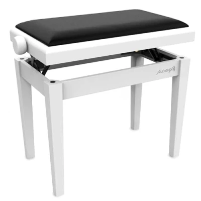 Bild av Audibax KB600 vit piano och tangentbordsbänk, kraftig hopfällbar pianobänk, justerbar i höjd från 47,5 till 56,5 cm vadderad tangentbordspall tillverkad av trä