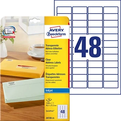 Bild av AVERY Zweckform J4720 25 adressetiketter/adressdekal (1 200 etiketter, 45,7 x 21,2 mm på A4, tryckbar, självhäftande, för avsändningsetiketter, polyesterfolie, bläckstråleskrivare) ark, transparent