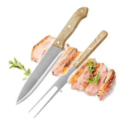 Bild av COM FOUR® 2 delad carving bestickset grillbestick av rostfritt stål med trähandtag köttkniv och köttgaffel stekgaffel (2 delat snidningsset trä)