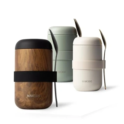 Bild av MAMEIDO termokopp för mat 500ml, müsli mug to go rostfritt stål, läckagesäker, perfekt yoghurt, gröt, barnmat, soppor &amp; glass (Oak Wood, 0,5l)