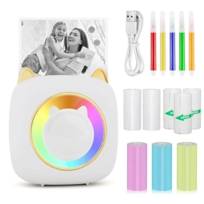 Bild av GuKKK Miniskrivare, mobil fotoskrivare, bärbar minifotoskrivare med sju färger LED, trådlös termoskrivare, smartphone Bluetooth skrivare, för inlärningshjälp, inlärningsanteckningar,