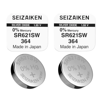 Bild av 2 stycken knappceller original sidenkrok 364, SR621SW, 1,55 V, klockbatterier batteri silveroxid, 0 % kvicksilver, 100 tillverkad i Japan