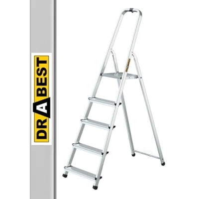 Bild av Drabest Aluminium 5 Stegs Hushållsstege 125kg Kapacitet Stegstege med Säkerhetsskena &amp; Arbetsstegeplattform Stegar Multifunktion Stegstegar Steg 45 X 168 12 Cm