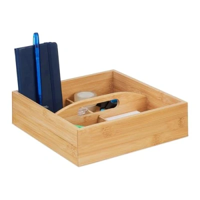 Bild av Relaxdays Bambu Organizer med handtag, 4 fack, H x B D: 6,5 25 cm, förvaringslåda för kontor, badrum &amp; kök, natur