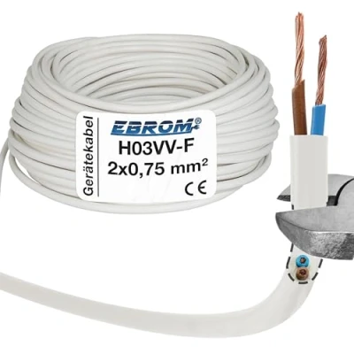 Bild av EBROM Plastslangledning rund, LED kabel, strömkabel, enhetskabel H03VV F 2 x 0,75 mm² färg: vit, många längder i steg om 5 m upp till 250 meter mm2, din kabellängd: 15