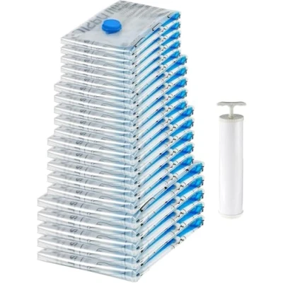 Bild av Amazon Basics förvaringspåsar med vakuumkompression, dragkedja och handpump, 20 stycken, 4 5 pack (Small, Medium, Large Jumbo), flera, transparenta