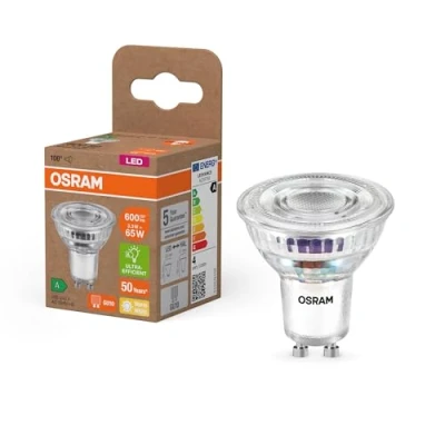 Bild av OSRAM Energy Class LED reflektorlampa PAR16 med 3,3 W, 600 lm, varmvit (2700 K) av klart blyfritt glas GU10 sockel i energieffektivitetsklass A, 50 mm diameter, IP20, 6 pack