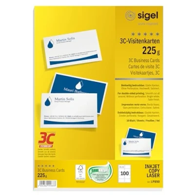 Bild av Sigel LP850 visitkort 3C, 100 stycken (10 ark), tryck på båda sidor, vitt, slätt snitt rundum, 225 g, 85 x 55 mm
