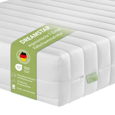 Bild av DREAMSTAR Ortopedisk kallskummadrass Easy Flex, 7 zoner, Öko Tex certifierad, hårdhetsgrad 2 och 3 (H2 H3), rullmadrass, 21 cm tjock, tillverkad i EU, 140 x 200 cm.