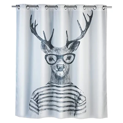 Bild av WENKO anti mögel duschdraperi Mr. Deer Flex bakteriell, vattenavvisande, textil, tvättbar, mögelresistent med integrerad hänginredning, polyester, 180 x 200 cm, vit