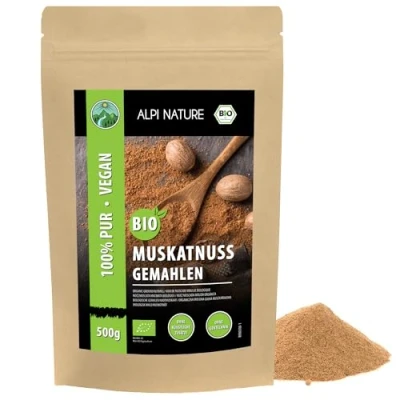 Bild av BIO mald muskotnöt (500 g), malda ekologiska muskotnötter, muskotnötspulver från kontrollerat biologiskt odling, laboratorietestad, 100 % ren och naturlig