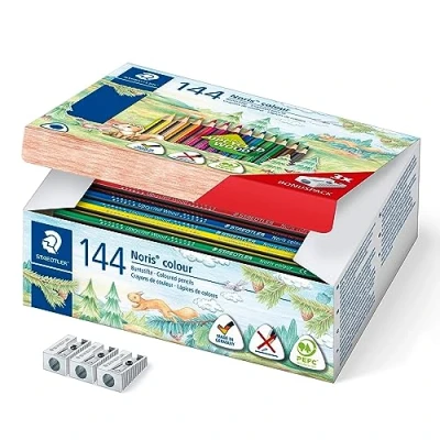 Bild av STAEDTLER färgpennor Noris Colour, ergonomiskt trekantsformat, halkfri mjuk yta, hög slitstyrka, WOPEX material, 144 i 12 färger och 3 pennvässare, 187 C144