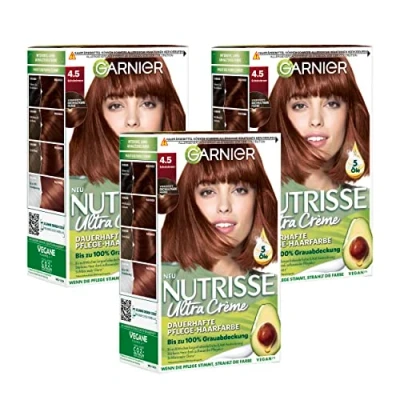 Bild av Garnier Nutrisse Creme Coloration chokladbrun 45/färgning för hår permanent hårfärg (med 5 närande oljor) 3 pack
