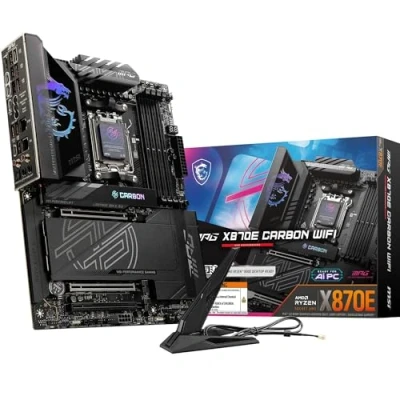 Bild av MSI MPG X870E Carbon WiFi moderkort, ATX stöder AMD Ryzen 9000/8000/7000 processorer, AM5 110A SPS VRM, DDR5 Memory Boost 8400 MT/s (OC), PCIe 5.0 x16 och 4.0 x16, M.2 Gen5Wi Fi 7, 5G LAN