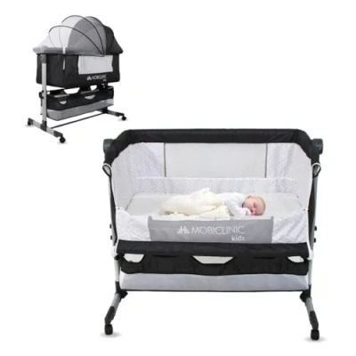 Bild av Mobiclinic® kids, 3 i 1 Spjälsäng, Night, Samsovssäng, Rocker, Spjälsäng med Justerbar Lutning, Höjd Nivåer, Upp till 20 kg, 360º Hjul, Myggnät, Förvaringskorg