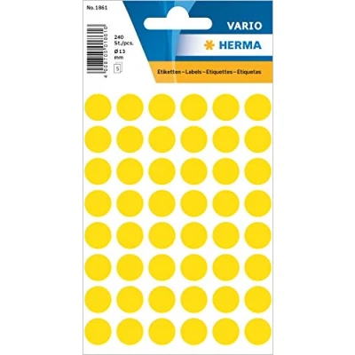 Bild av HERMA 1861 multifunktionsetiketter/runda färgade prickar (Ø 13 mm, 5 ark, papper, matt) självhäftande, permanenta märkningspunkter för handskriven märkning, 240 klistermärken, gul