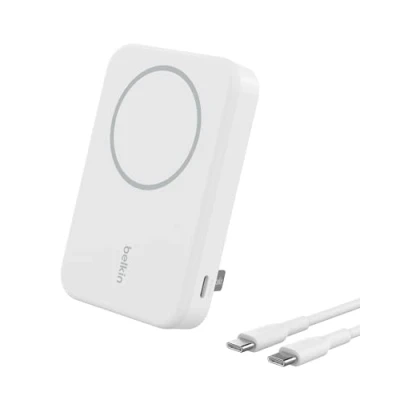 Bild av Belkin BoostCharge Pro trådlös powerbank 8000 mAh med Qi2, MagSafe kompatibel bärbar laddare + inbyggt utfällbart stöd För iPhone 16, 16 Plus, Pro, Max, 15, m.fl. Vit