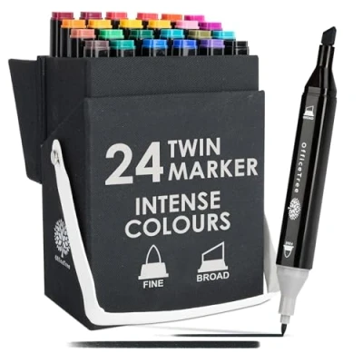 Bild av OfficeTree Twinmarkers alkoholpenna set om 24 professionell teckning tuschpenna intensiva färger Promarker för skiss, ritning, målning, layout