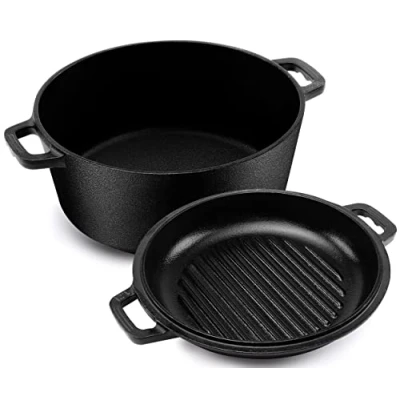 Bild av KICHLY 4,7 l/5,0 quart förkryddad gjutjärnspanna holländsk ugn med lock dubbelfunktion gjutjärn stekpanna 27 cm (10,6 tum) gjutjärnsgryta