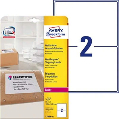 Bild av AVERY Zweckform L7996 25 väderbeständiga fraktetiketter/fraktklistermärken (50 etiketter, 199,6 x 143,5 mm på DIN A4, tryckbar, självhäftande, för paket, paket och fraktrullar) ark, vit