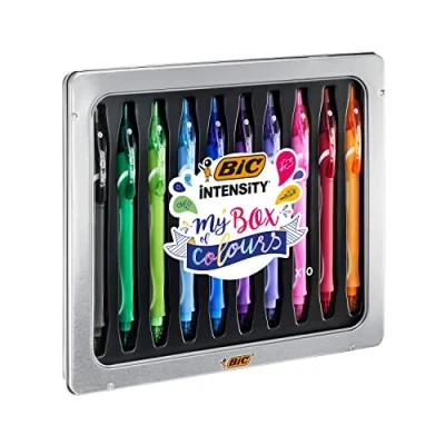 Bild av BIC Gel ocity Quick Dry kulspetspenna set, gelpennor i 10 olika färger, presentask av metall, medium spets (0,7 mm), My Box of Colours