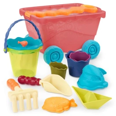 Bild av B. toys Sandleksak 11 delar med rullvagn röd sandlåda leksak, strand, lekplats hink, spade, sandformar leksak från 18 månader